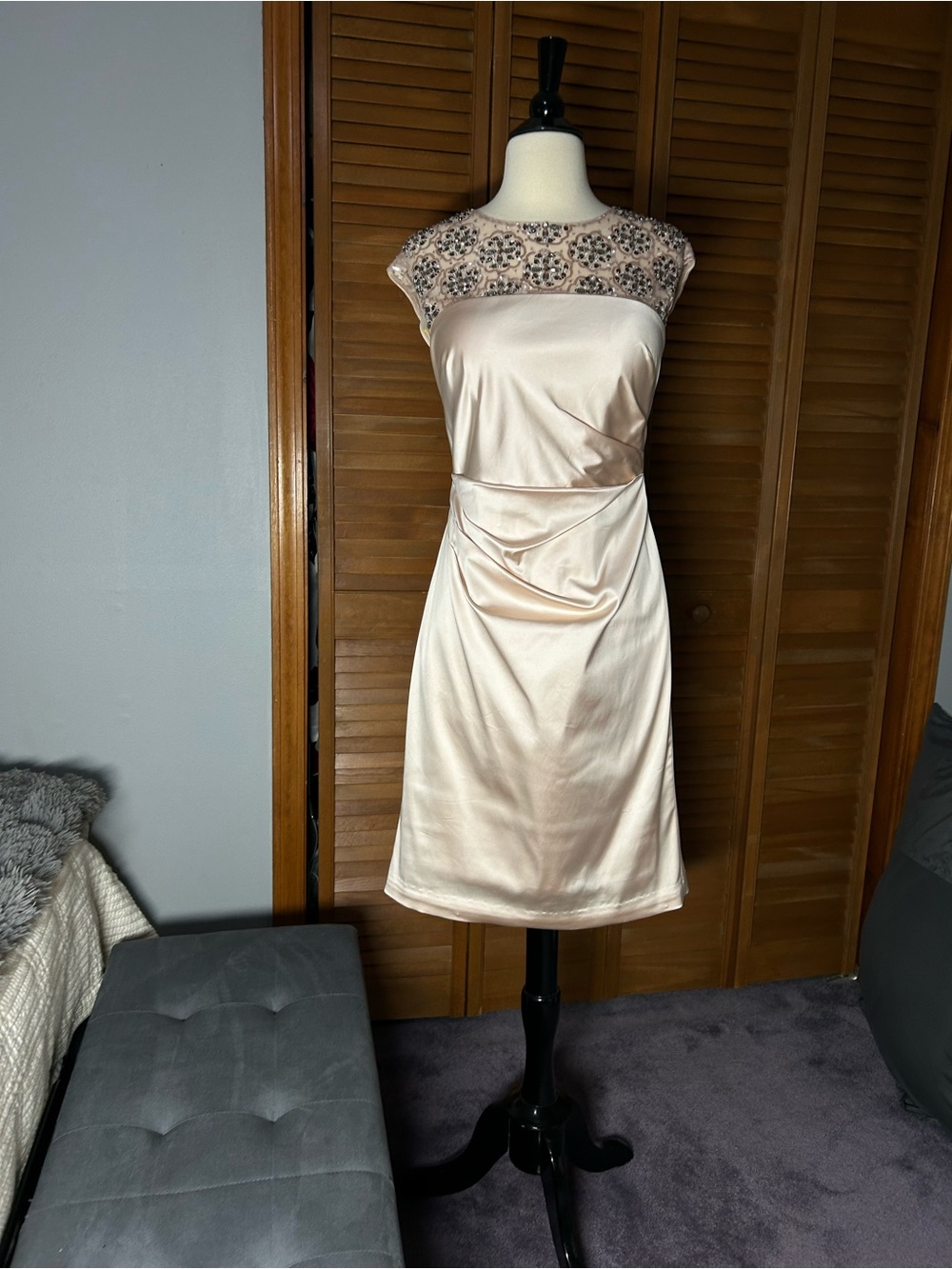 Kay Unger Pale Blush Beaded Yoke Midi Dress